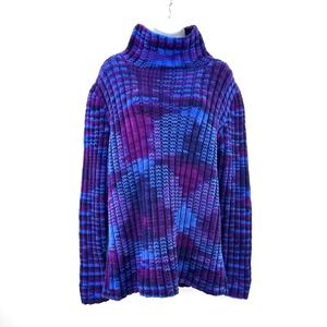 Vintage Chunky Knit Sweater Sz L Purple Space Dye Kaleidoscope Thick Wide Ribbed